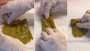 Two hands showing how to roll the grape leaves in steps.