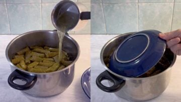 Adding broth to the pot and covering the dolma with a plate.