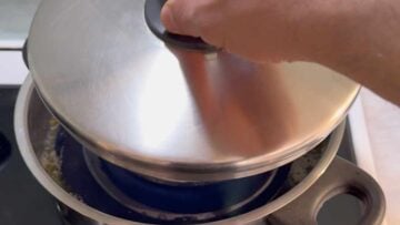 A hand covering the pot with a lid.