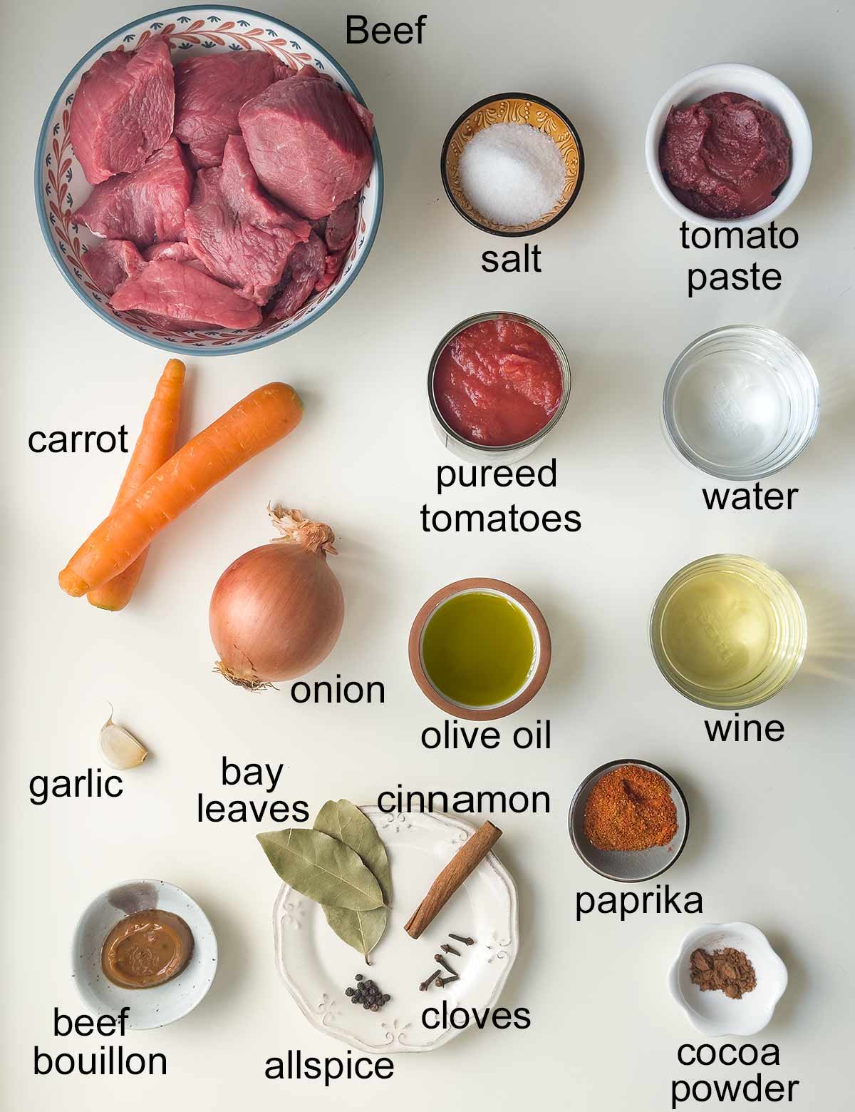 Greek beef stew ingredients with labels.