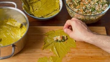 Rice mixture on a grape leaf.