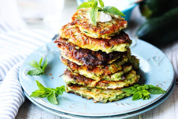 Kolokithokeftedes on a plate.