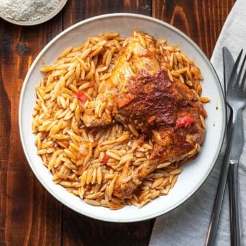 Greek chicken and orzo pasta in tomato sauce.
