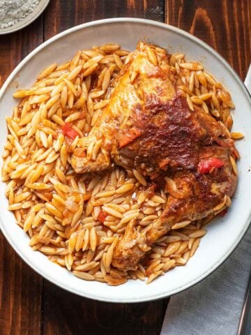 Greek chicken and orzo pasta in tomato sauce.