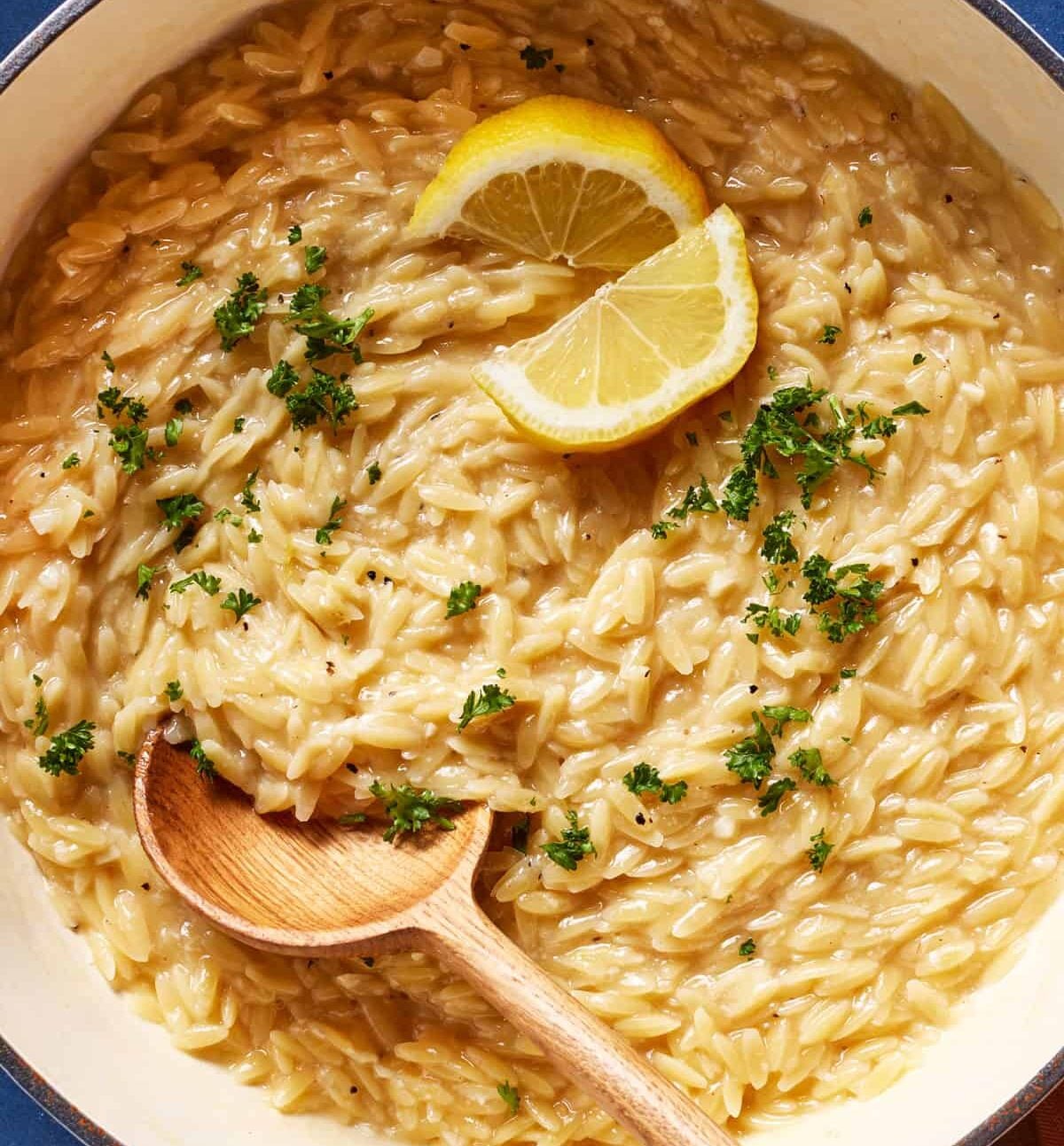Orzo with lemon and parmesan cheese in a pot.