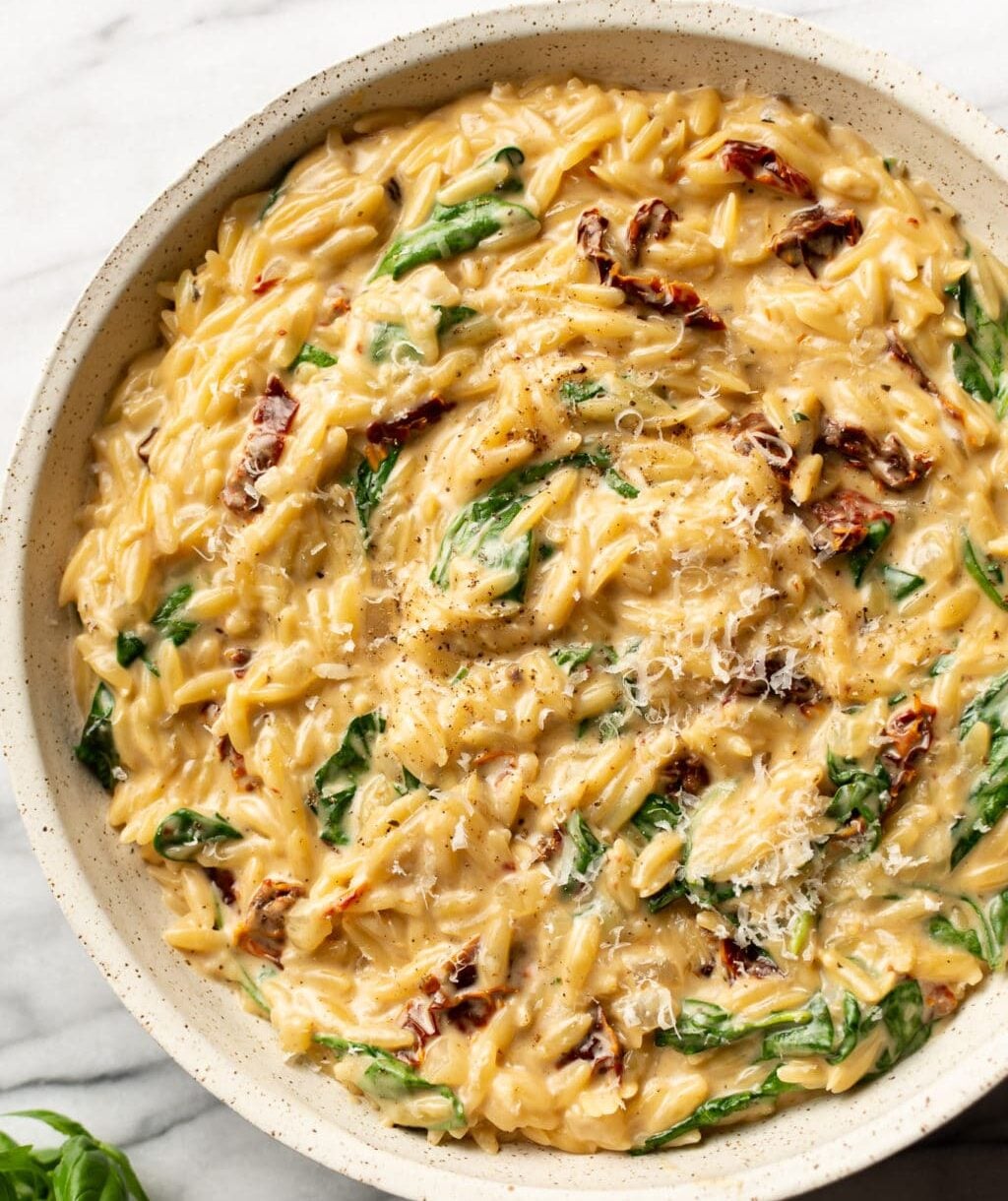 Creamy Tuscan orzo in a bowl.