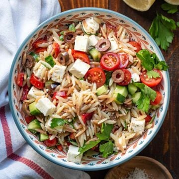 Mediterranean orzo salad in a bowl.