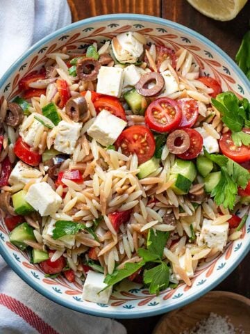 Mediterranean orzo salad in a bowl.