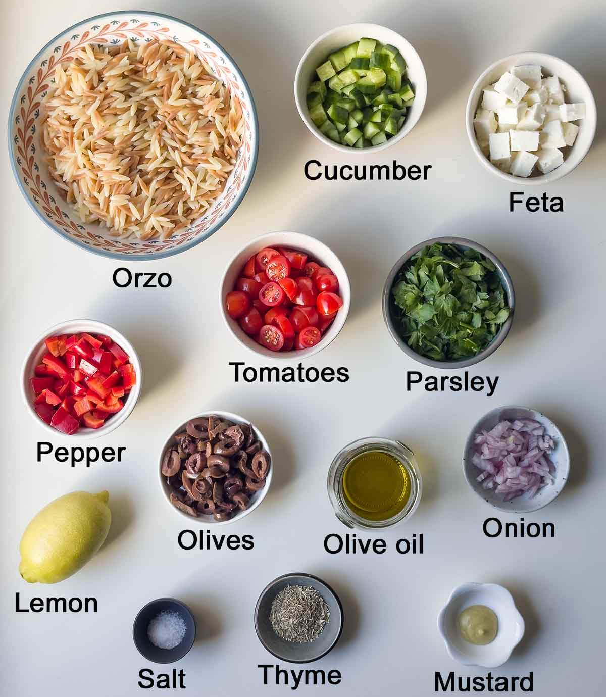 Ingredients for orzo pasta salad.