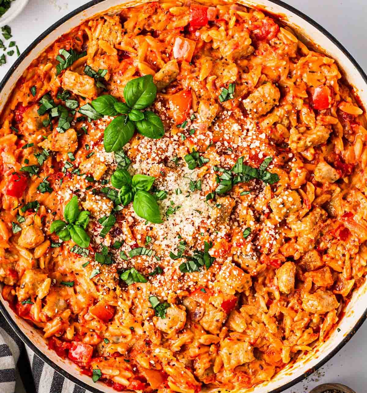 Sausage orzo in a bowl.