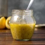 Ladolemono sauce in a jar.