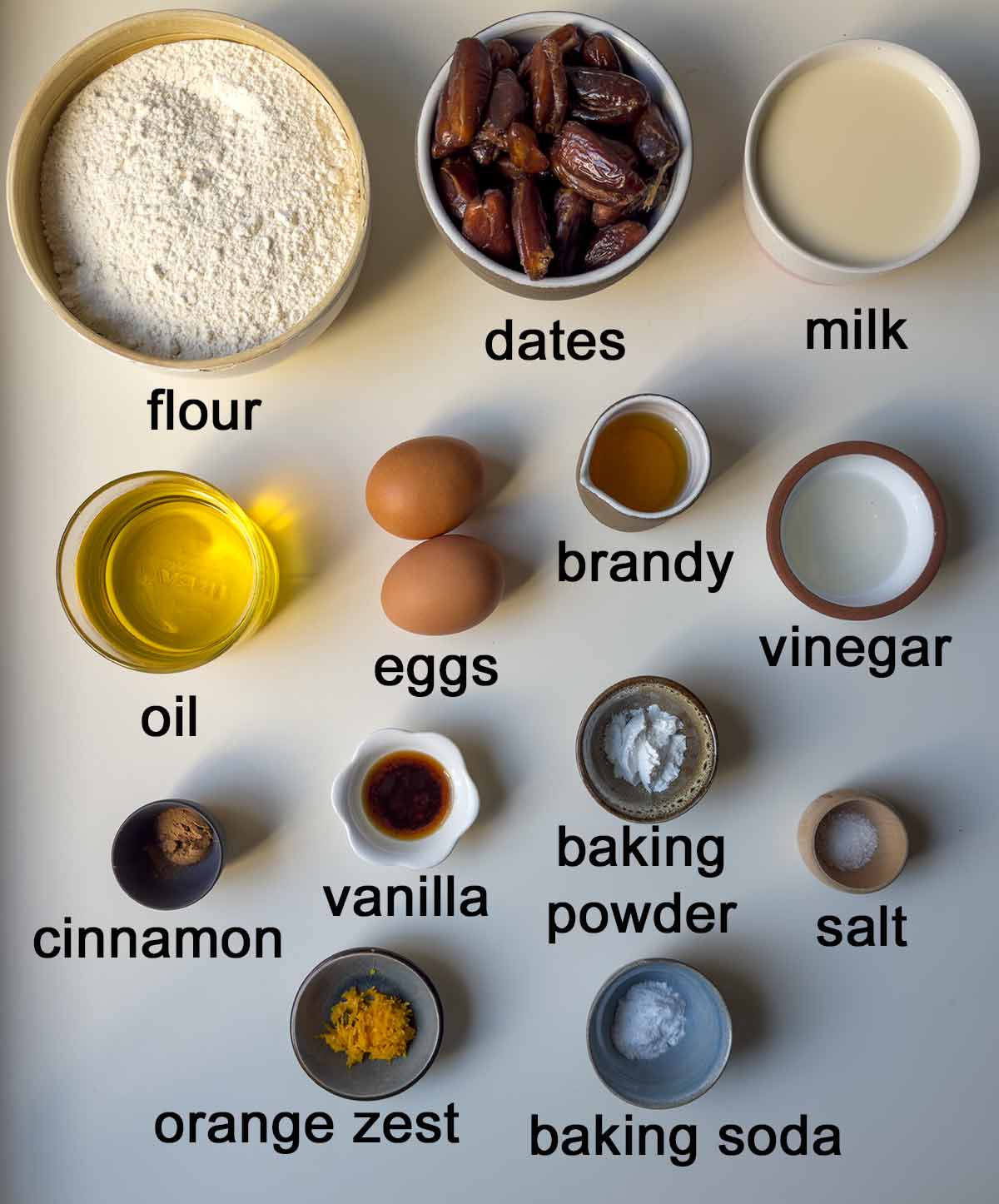 Date cake ingredients with tags.