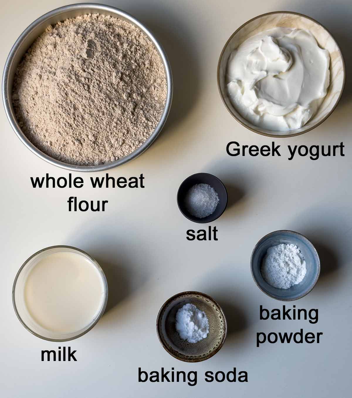 Ingredients for Greek yogurt bread with tags.