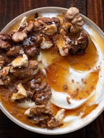 Greek yogurt with honey and walnuts featured.