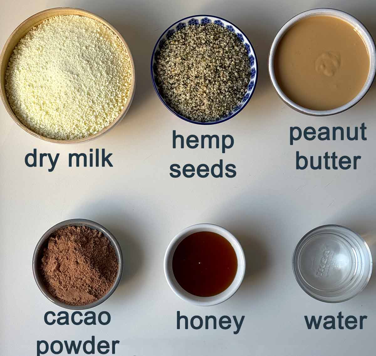 Ingredients for no-bake protein bars with peanut butter and chocolate.