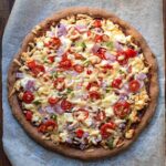Greek yogurt pizza dough with whole wheat flour and baking powder.