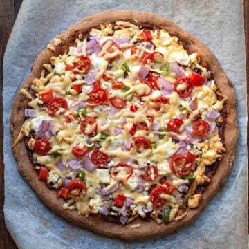 Greek yogurt pizza dough with whole wheat flour and baking powder.