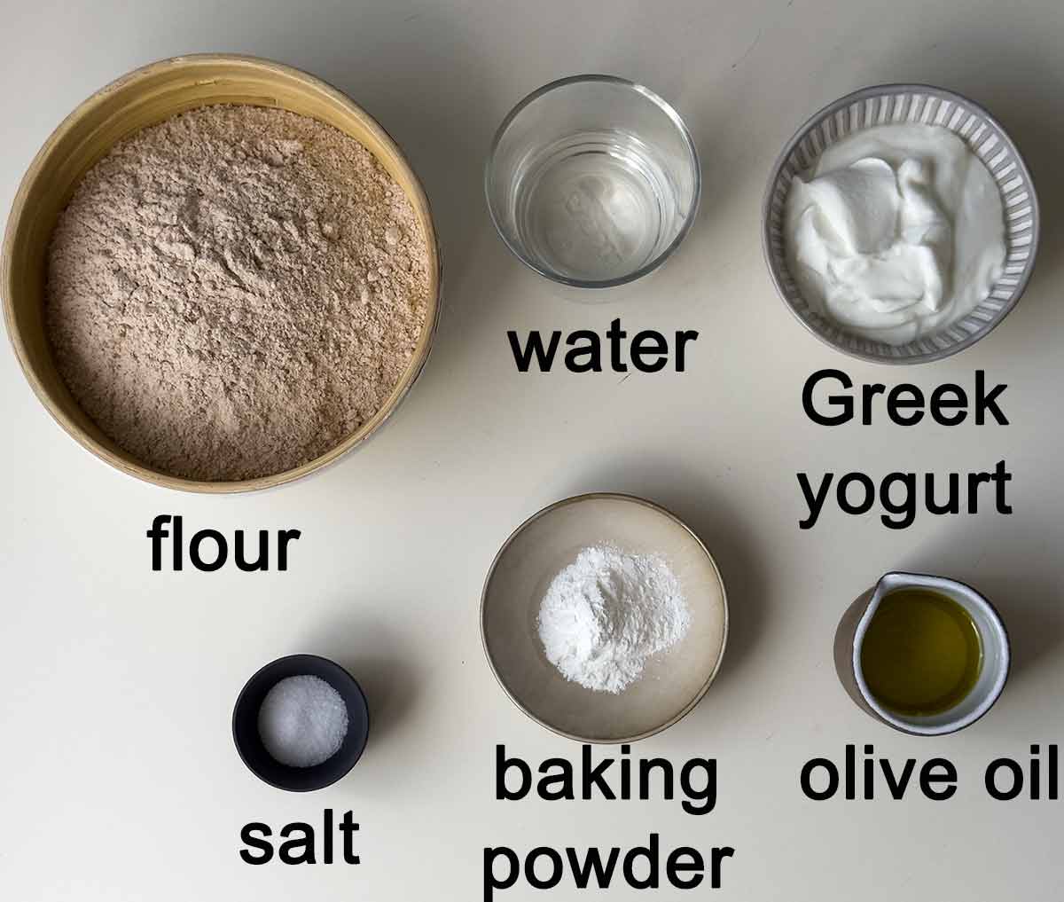 Ingredients for Greek yogurt pizza dough.