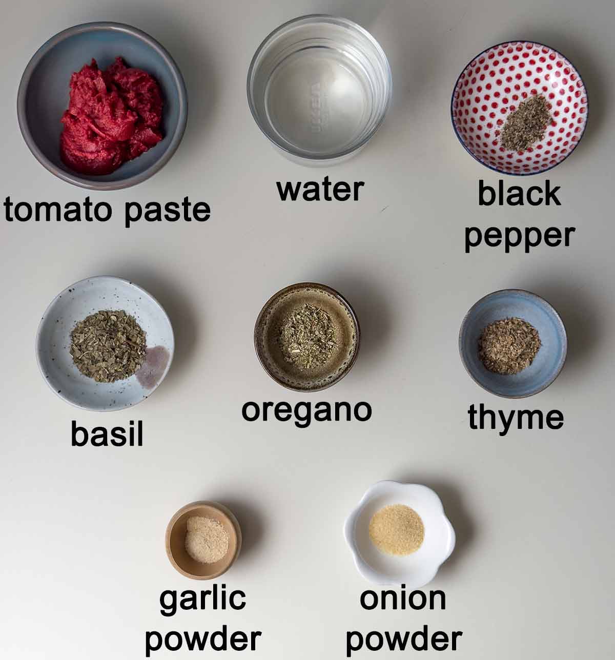 Ingredients for quick pizza sauce from tomato paste.